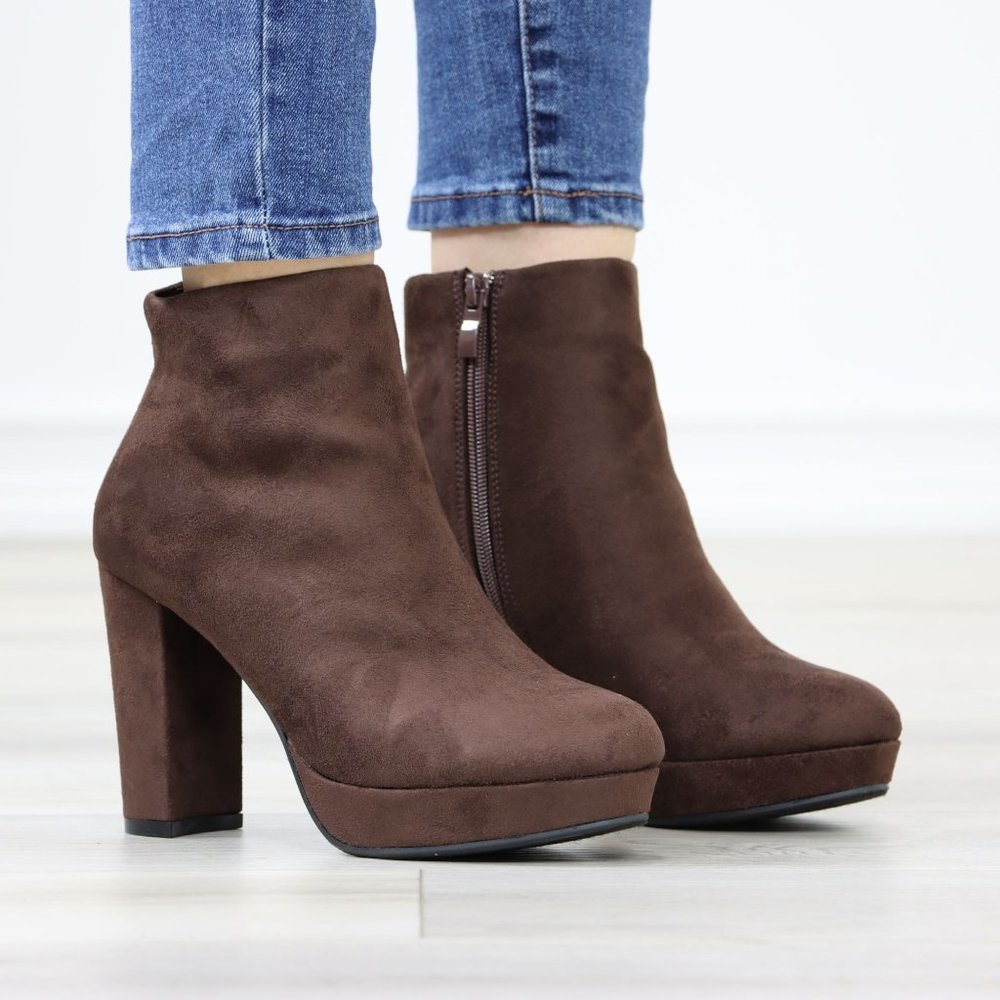 Brown Platform Suede Ankle Booties Block Heeled Boots - Picture 3 of 12